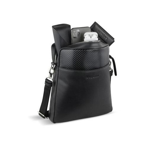 Сумка наплечная мужская BUGATTI КОМЕТА | COMET, чёрная, воловья кожа/полиэстер, 23,5х5х26 см