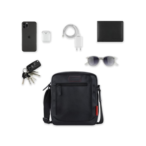 Сумка наплечная мужская BUGATTI КЛАРК | CLARK, чёрная, воловья кожа/полиэстер, 21х6,5х24 см, 3 л