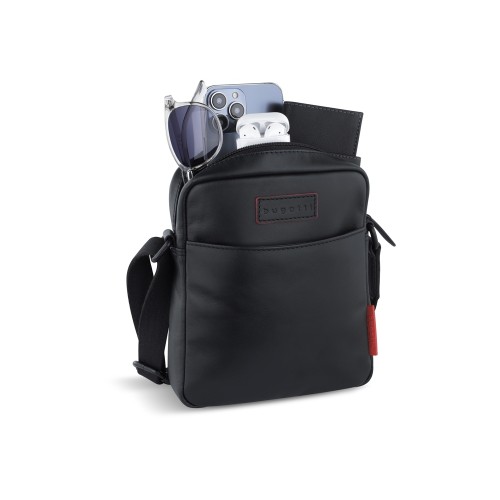 Сумка наплечная мужская BUGATTI КЛАРК | CLARK, чёрная, воловья кожа/полиэстер, 18х5,5х20 см, 2 л