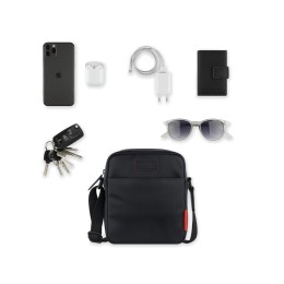 Сумка наплечная мужская BUGATTI КЛАРК | CLARK, чёрная, воловья кожа/полиэстер, 18х5,5х20 см, 2 л