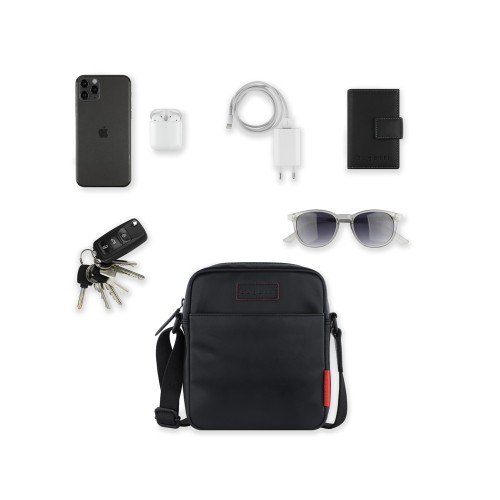 Сумка наплечная мужская BUGATTI КЛАРК | CLARK, чёрная, воловья кожа/полиэстер, 18х5,5х20 см, 2 л