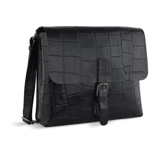 Сумка-мессенджер мужская BUGATTI НЕВИО | NEVIO, чёрная, воловья кожа/хлопок, 30,5х7х25 см, 5 л