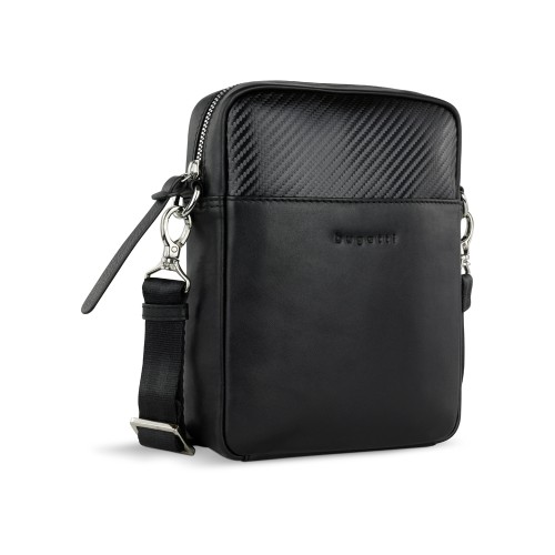 Сумка наплечная мужская BUGATTI КОМЕТА | COMET, чёрная, воловья кожа/полиэстер, 17х4,7х21 см