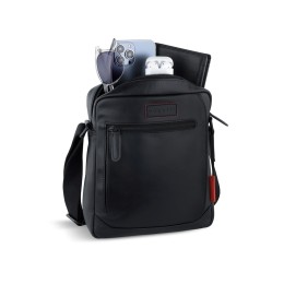 Сумка наплечная мужская BUGATTI КЛАРК | CLARK, чёрная, воловья кожа/полиэстер, 21х6,5х24 см, 3 л