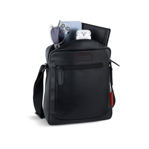 Сумка наплечная мужская BUGATTI КЛАРК | CLARK, чёрная, воловья кожа/полиэстер, 21х6,5х24 см, 3 л