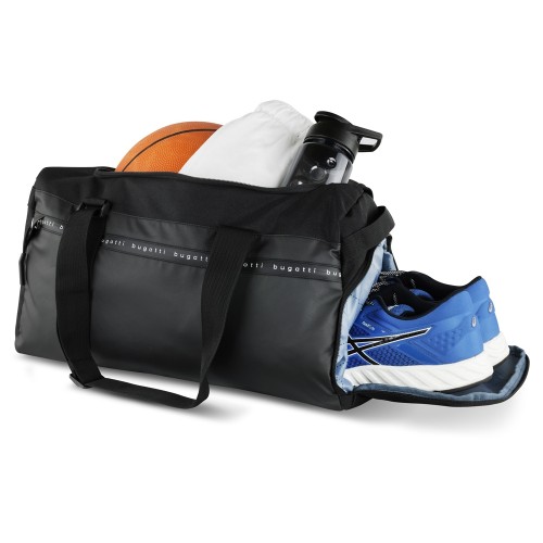Сумка спортивная BUGATTI БЛАНК ОБЛЕГЧЕННАЯ | BLANC DELIGHT, чёрная, нейлон RPET600D/тарпаулин/полиэстер, 47х23х28 см, 22 л