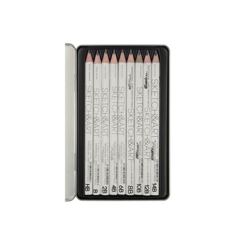 Набор чернографитовых карандашей  "Sketch & Art"  утолщенные,9 шт. hb-14b,  металлическая коробка с ложементом