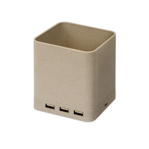 Настольный органайзер Cubic из пшеничного волокна с функцией беспроводной зарядки и выходами USB