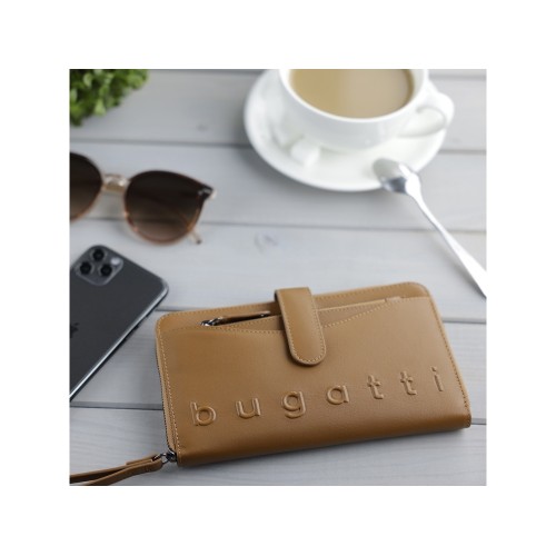Кошелёк женский BUGATTI ДАФНА | DAPHNE с ключницей, коньячный цвет, воловья кожа/полиэстер, 19х3х11 см