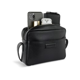 Сумка кросс-боди женская BUGATTI ЭЛЬЗА | ELSA, чёрная, воловья кожа/полиэстер, 19х5,5х14 см