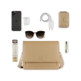 Сумка через плечо женская BUGATTI ЭЛЬЗА | ELSA, песочного цвета, воловья кожа/полиэстер, 25х8,5х20 см