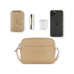 Сумка кросс-боди женская BUGATTI ЭЛЬЗА | ELSA, песочного цвета, воловья кожа/полиэстер, 19х5,5х14 см