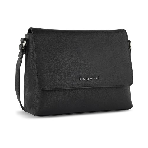 Сумка наплечная женская BUGATTI БЕЛЛА | BELLA, чёрная, воловья кожа/полиэстер, 25х8х20 см