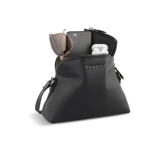 Сумка наплечная женская BUGATTI БЕЛЛА | BELLA, чёрная, воловья кожа/полиэстер, 23х8х17 см