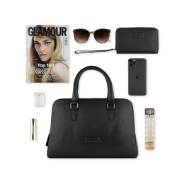 Сумка женская BUGATTI ЭЛЬЗА | ELSA, чёрная, воловья кожа/полиэстер, 32х13х22 см