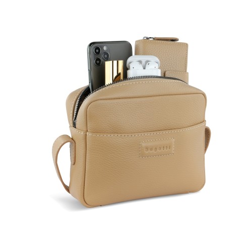 Сумка кросс-боди женская BUGATTI ЭЛЬЗА | ELSA, песочного цвета, воловья кожа/полиэстер, 19х5,5х14 см