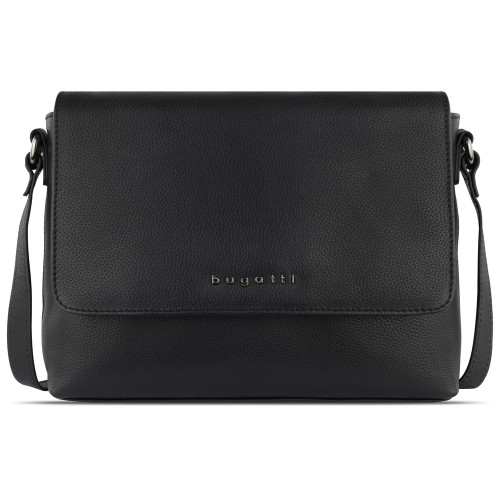 Сумка наплечная женская BUGATTI БЕЛЛА | BELLA, чёрная, воловья кожа/полиэстер, 25х8х20 см