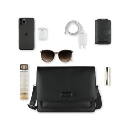 Сумка через плечо женская BUGATTI ЭЛЬЗА | ELSA, чёрная, воловья кожа/полиэстер, 25х8,5х20 см