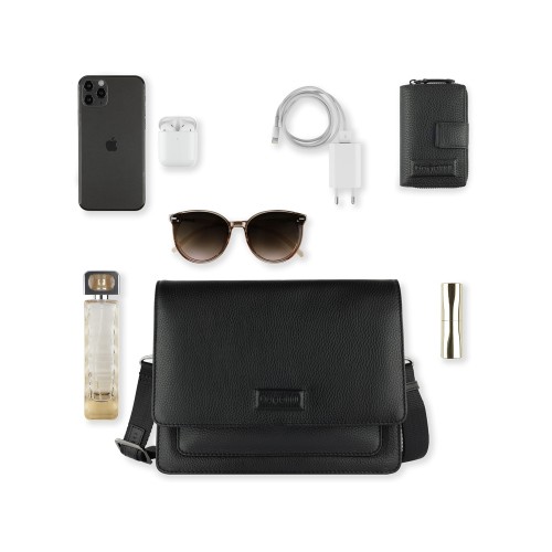 Сумка через плечо женская BUGATTI ЭЛЬЗА | ELSA, чёрная, воловья кожа/полиэстер, 25х8,5х20 см