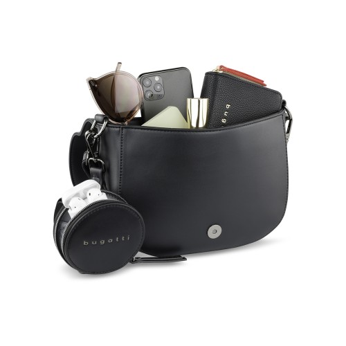 Сумка наплечная женская BUGATTI АЛМАТА | ALMATA, с кошельком, чёрная, полиуретан, 27х6х18,5 см