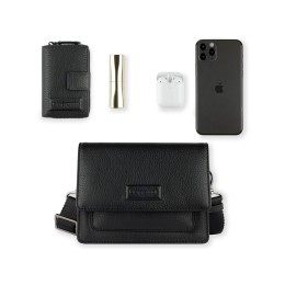 Сумка через плечо женская BUGATTI Elsa, чёрная, воловья кожа/полиэстер, 18,5х8,5х14,5 см