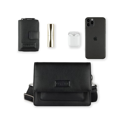 Сумка через плечо женская BUGATTI Elsa, чёрная, воловья кожа/полиэстер, 18,5х8,5х14,5 см