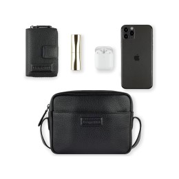 Сумка кросс-боди женская BUGATTI ЭЛЬЗА | ELSA, чёрная, воловья кожа/полиэстер, 19х5,5х14 см