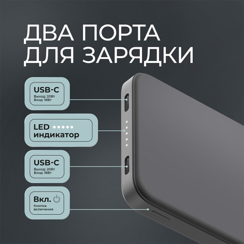 Внешний АКБ NRG Turbo S 10000 mAh, 20Вт, графит, Deppa