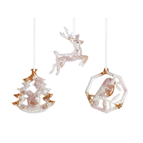 Елочные игрушки ( Снегирь+ Олень+ Ель) Розовый кварц