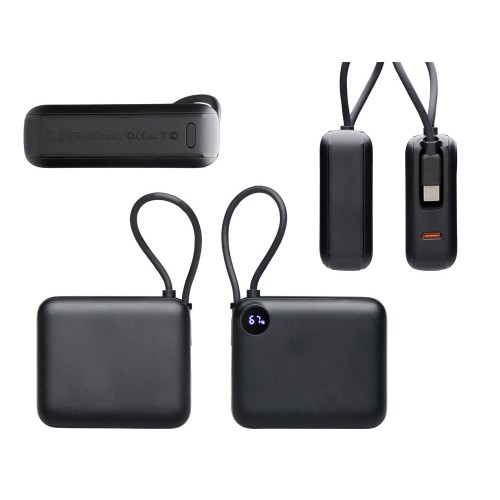 Внешний аккумулятор со встроенным кабелем «Liri», QC/PD, 10000 мАч, черный