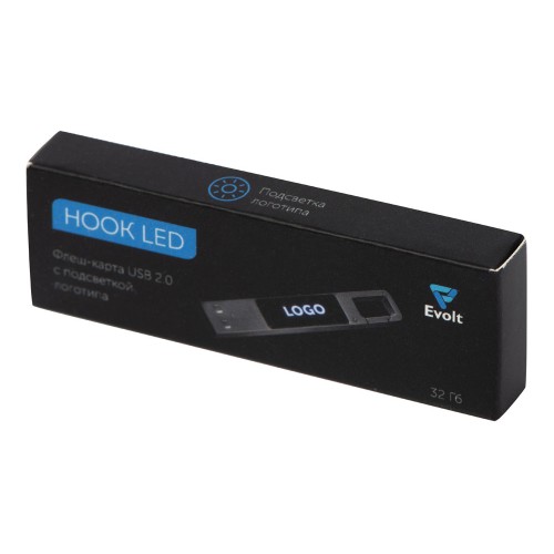 USB 2.0- флешка на 32 Гб c подсветкой логотипа «Hook LED», темно-серый, синяя подсветка