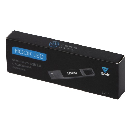 USB 2.0- флешка на 32 Гб c подсветкой логотипа «Hook LED», темно-серый, белая подсветка
