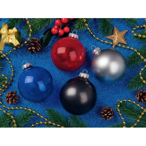 Стеклянный елочный шар "Christmas bauble", синий прозрачный, с серебристым колпачком в черной коробке