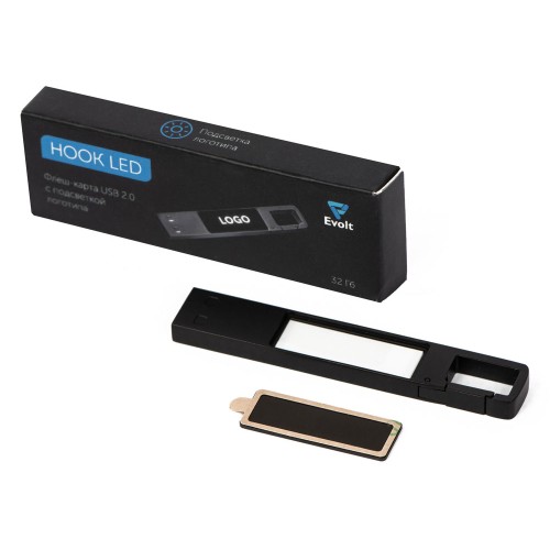 USB 2.0- флешка на 32 Гб c подсветкой логотипа «Hook LED», темно-серый, белая подсветка