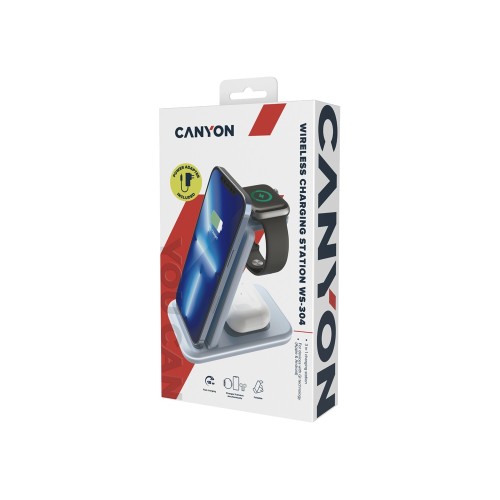 Беспроводное зарядное устройство 3-в-1 CANYON WS-304 (CNS-WCS304B), 15W, голубой