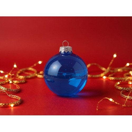 Стеклянный елочный шар "Christmas bauble", синий прозрачный, с серебристым колпачком в черной коробке