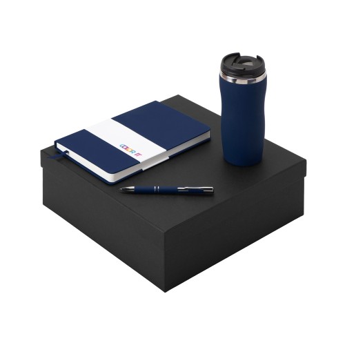 Подарочный набор с блокнотом С2, металлической ручкой и термокружкой, темно-синий