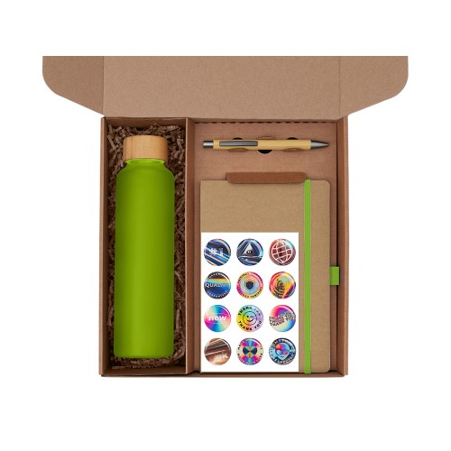 Подарочный набор с бутылкой для воды. блокнотом, ручкой и подставкой для телефона, зеленое яблоко