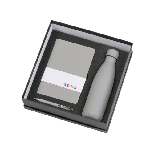 Подарочный набор с блокнотом С2, металлической ручкой и термобутылкой, серый