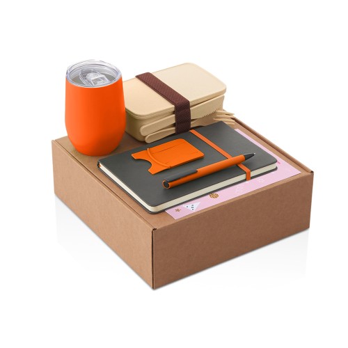 Набор с термокружкой, блокнотом, ручкой и ланчбоксом "Refreshment", оранжевый