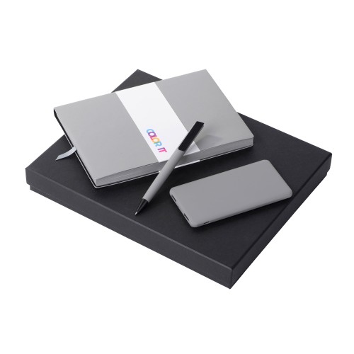 Подарочный набор c блокнотом С1, ручкой и повербанком 5000 mAh,  серый