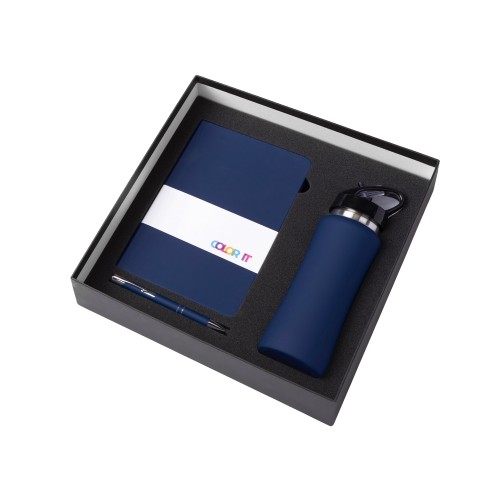 Подарочный набор с блокнотом С1, металлической ручкой и бутылкой для воды, темно-синий