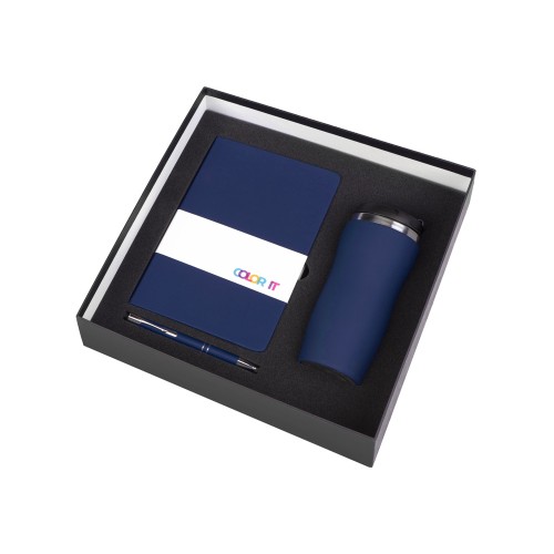 Подарочный набор с блокнотом С1, металлической ручкой и термокружкой, темно-синий