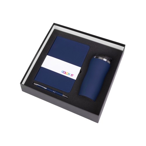 Подарочный набор с блокнотом С2, металлической ручкой и термокружкой, темно-синий