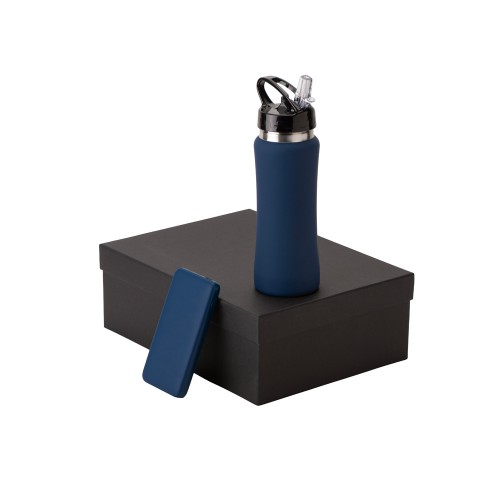 Подарочный набор с бутылкой для воды и повербанком С2, 10000 mAh, темно-синий