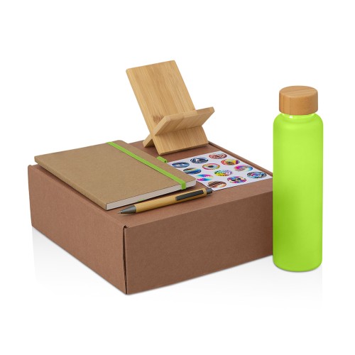 Подарочный набор с бутылкой для воды. блокнотом, ручкой и подставкой для телефона, зеленое яблоко