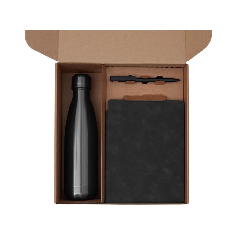 Подарочный набор с термобутылкой, блокнотом, ручкой и чаем, черный