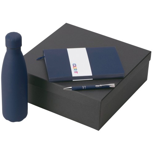 Подарочный набор с блокнотом С1, металлической ручкой и термобутылкой, темно-синий
