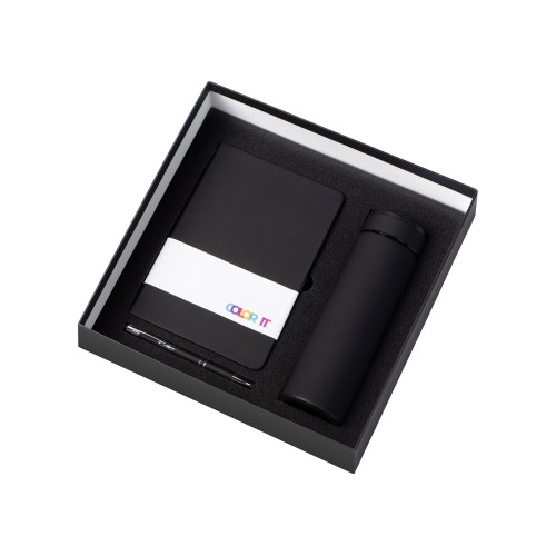 Подарочный набор с блокнотом С1, металлической ручкой и термосом, черный