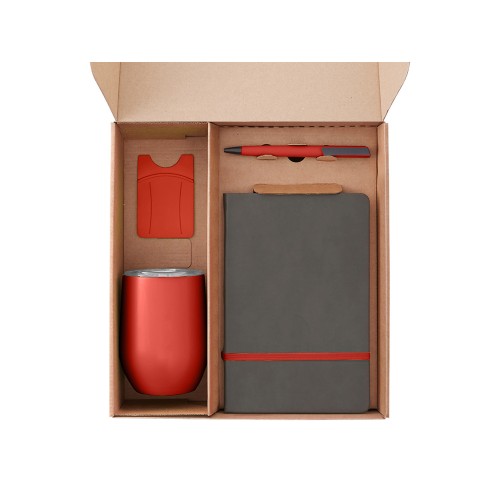 Набор с термокружкой, блокнотом, ручкой и ланчбоксом "Refreshment", красный